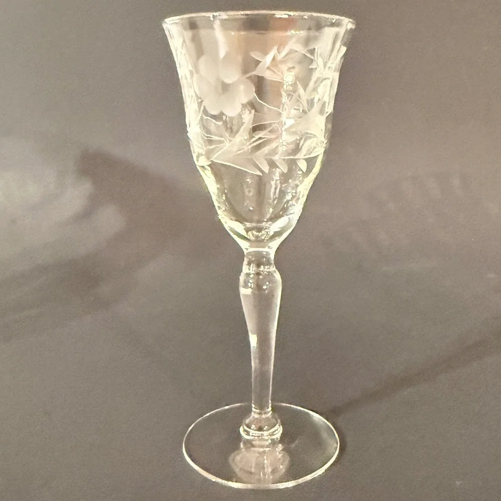 Vintage Gray Cut Floral Wheat Crystal Cordial Aperitif Glasses Set of 3 Clear